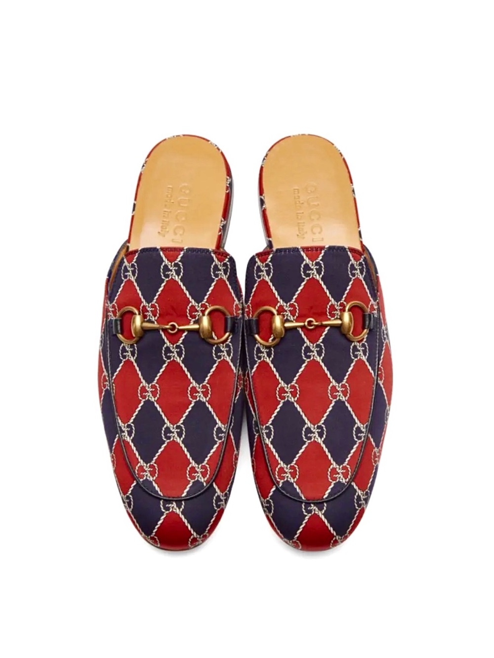 Gucci Princetown Horsebit Print Satin Mules Red Navy